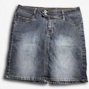 Angels‎ Womens Blue Denim Mini Skirt Size 11 Faded Wash Double Button Casual